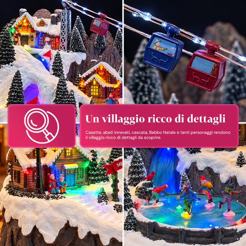 Verlicht kerstdorp met bewegende ski- en schaatspistes, ledverlichting en muziek – 56x37x42 cm