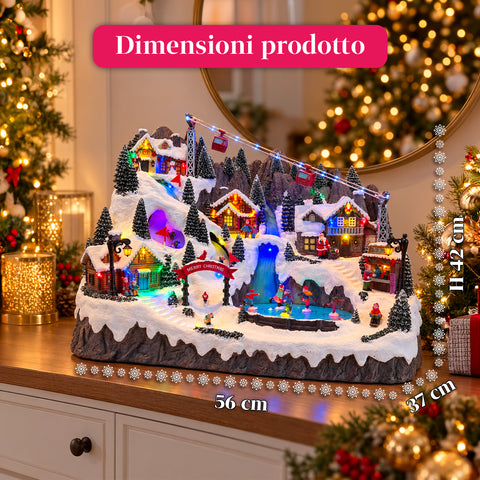 Verlicht kerstdorp met bewegende ski- en schaatspistes, ledverlichting en muziek – 56x37x42 cm