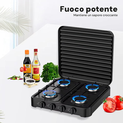 Fornello A Gas 4 Fuochi Con Coperchio Nero