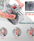 Affettatrice con spessore regolabile da 0 a 15mm per taglio preciso e professionale, esempi di spessori 5mm, 10mm e 15mm