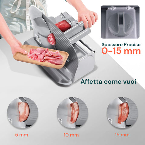 Affettatrice con spessore regolabile da 0 a 15mm per taglio preciso e professionale, esempi di spessori 5mm, 10mm e 15mm