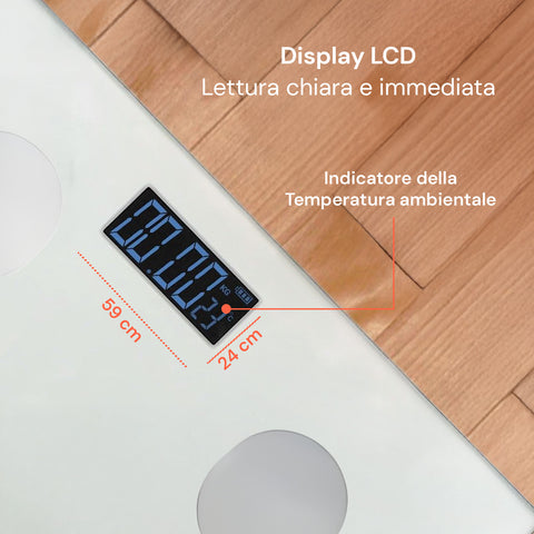 Bilancia con display LCD 59x24mm per lettura chiara e immediata, include indicatore temperatura ambientale per monitoraggio completo
