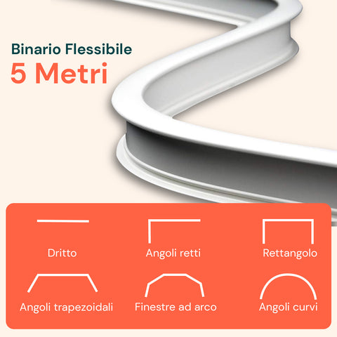 Binario Tenda Soffitto Flessibile 5m con Supporti, Ganci e Rulli