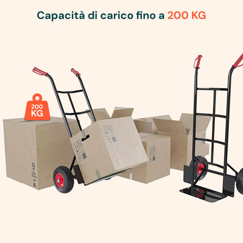 Carrello con capacità di carico fino a 200kg per trasporto sicuro e stabile di scatole pesanti e voluminose, ideale per uso intensivo