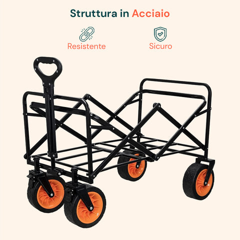 Carrello da Giardino Pieghevole in Acciaio con Freno e Manico Portata 160kg