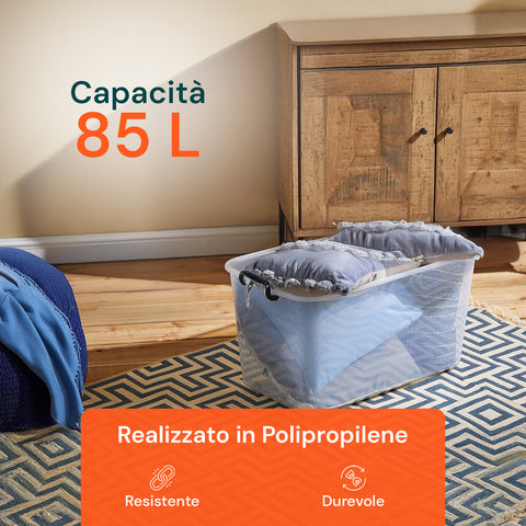 Contenitore In Plastica Trasparente Con Coperchio E Ruote 85l