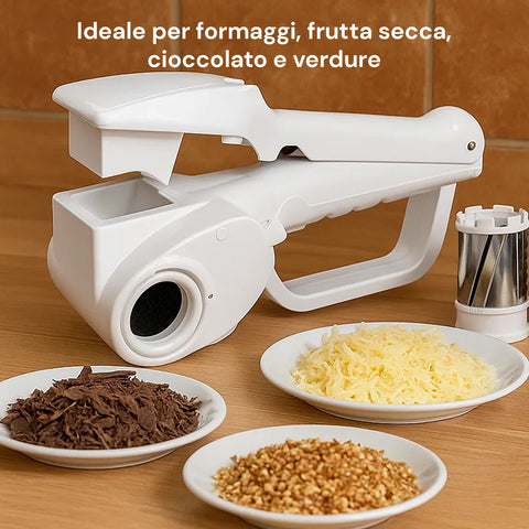 Grattugia elettrica ideale per formaggi, frutta secca, cioccolato e verdure, versatile per ogni preparazione culinaria con risultati perfetti