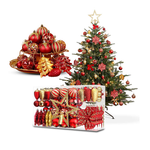 Kerstdecoratieset van 106 stuks in rood en goud – Met sterren en glitterbloemen