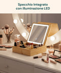 Organizer in Bambù con Specchio a LED – Portaoggetti 3 Scomparti 19.7x19.7x22 cm