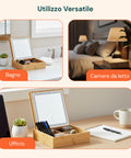 Organizer in Bambù con Specchio a LED – Portaoggetti 3 Scomparti 19.7x19.7x22 cm