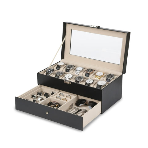 Organizer voor horloges en sieraden van zwart leer met glazen deksel