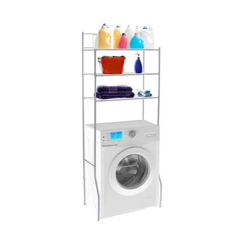 Wasmachinekast met 3 planken van wit metaal, 26/36x66x177 cm