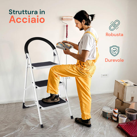 Scaletta Acciaio Nero Bianco 3-4 Gradini Portata 150kg per Casa e Garage