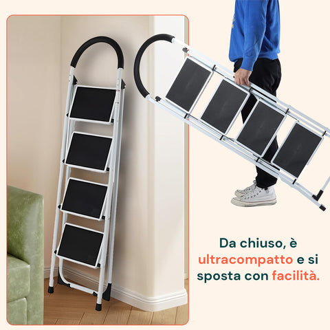 Scaletta Acciaio Nero Bianco 3-4 Gradini Portata 150kg per Casa e Garage