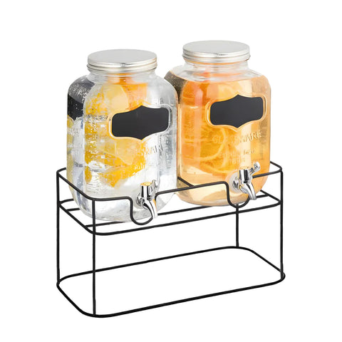 Set van 2 glazen drankdispensers van 4 l met kraantje en metalen standaard