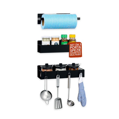Set van 3 magnetische keukenorganizers: kruidenrekje, potjeshouder en keukenrolhouder zonder boren