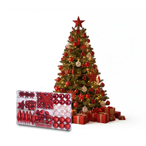 Rode kerstdecoratieset – 102 stuks met ster en diverse ornamenten