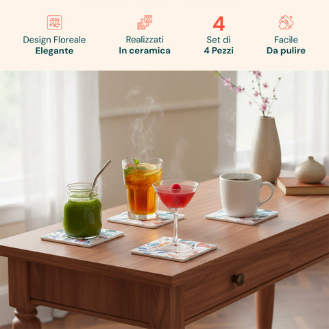 Sottobicchieri Floreali in Ceramica – Set 4 per Bevande Calde e Fredde