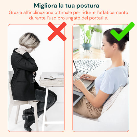 Vassoio da letto Avilia migliora la postura con inclinazione ottimale, riduce affaticamento durante uso prolungato del portatile