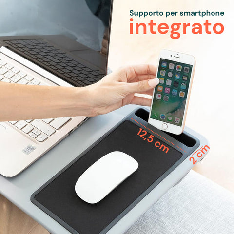 Vassoio da letto Avilia con supporto smartphone integrato e tappetino mouse 12,5 cm, design funzionale per multitasking