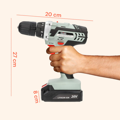 Trapano con dimensioni compatte 20x27x8cm, perfetto in mano, design ergonomico e facile da manovrare