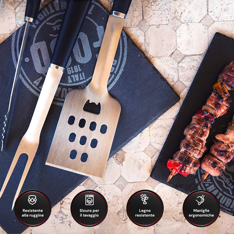Accessori barbecue resistenti alla ruggine, sicuri per il lavaggio, legno resistente e manici ergonomici per comfort