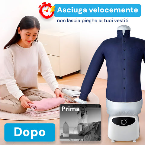 Asciugabiancheria verticale in uso da donna, facile da utilizzare, non lascia pieghe ai vestiti e li mantiene sempre pronti
