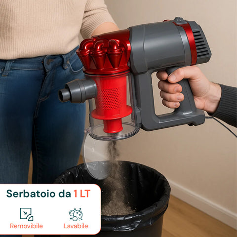 Aspirapolvere con serbatoio da 1L removibile e lavabile, svuotamento facile e pratico per sistema di raccolta igienico