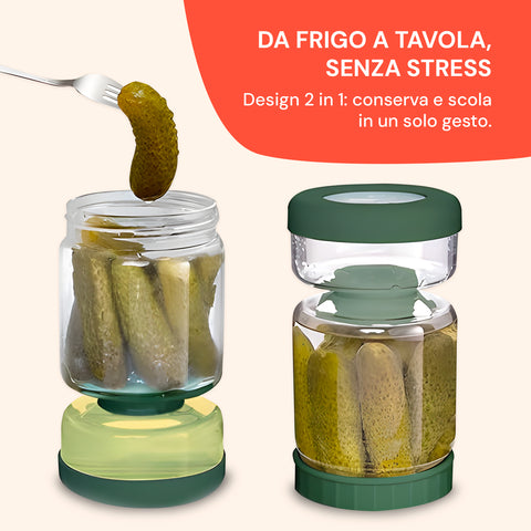 Barattolo sottaceti design 2 in 1 da frigo a tavola senza stress: conserva e scola cetriolini con filtro a ribalta integrato in un solo gesto