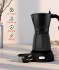 Moka Elettrica DeMaison nera da 6 tazze con caratteristiche principali: intuitiva, sicura e potente 480W, caffettiera elettrica dal design moderno per colazione quotidiana