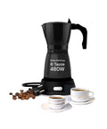 Moka Elettrica DeMaison 6 Tazze 480W nera con tazzine da caffè e chicchi, caffettiera elettrica elegante per preparare un espresso italiano velocemente a casa o in ufficio