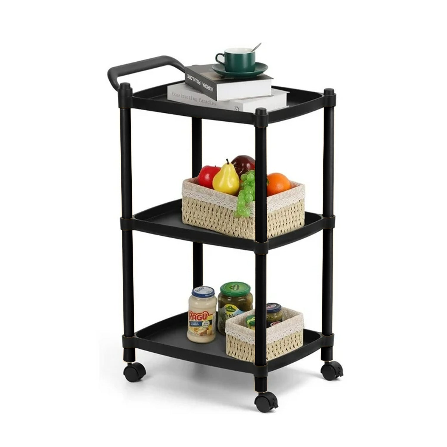 Avilia Carrello Salvaspazio Multiuso Nero con 3 Ripiani e Ruote Pratico ed Elegante per Cucina e Bagno Ean 8056819050165
