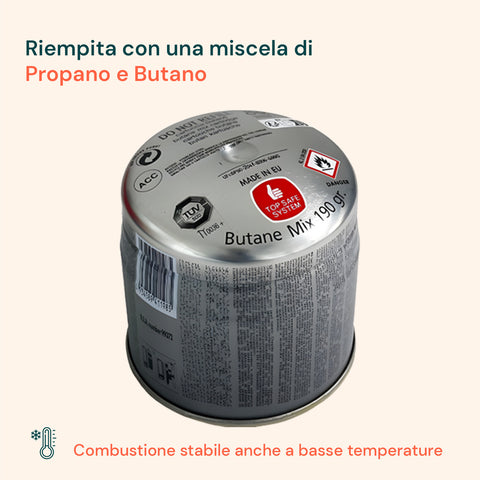 Cartuccia riempita con miscela di propano e butano per combustione stabile anche a basse temperature outdoor