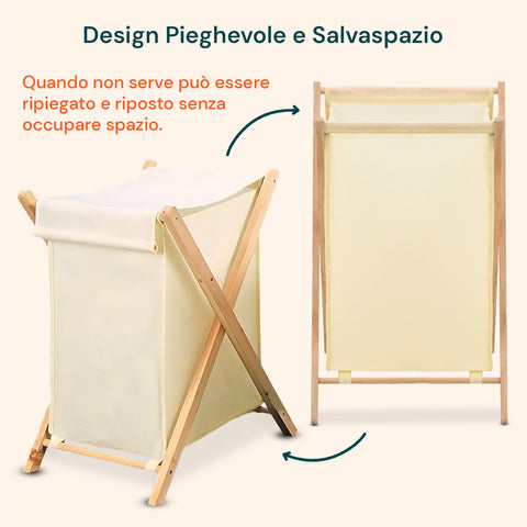 Portabiancheria Pieghevole In Legno E Stoffa Ecru