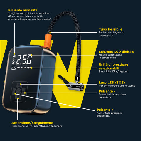 Caratteristiche tecniche del mini compressore multifunzione: display LCD digitale, torcia LED SOS, tubo flessibile e pulsanti di controllo pressione