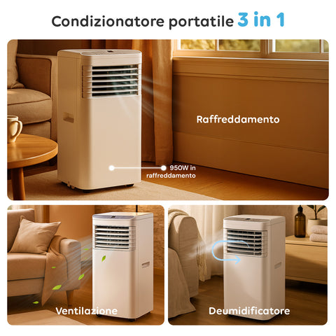 Condizionatore portatile Chigo 3 in 1: raffreddamento 950W, ventilazione e deumidificatore, ambiente soggiorno moderno con comfort