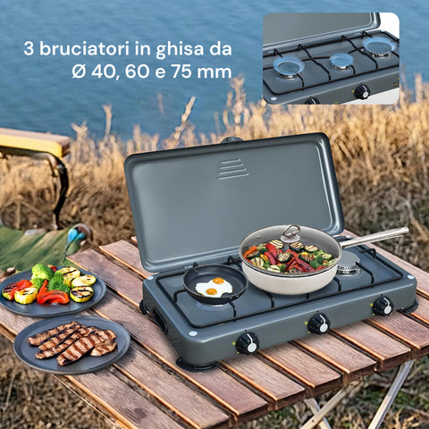 Fornello da Campeggio 3 Fuochi con Bruciatori Inox e Accensione Manuale