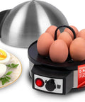 Cuociuova elettrico con capacità 7 uova, coperchio in acciaio inox, timer regolabile e piatto con uova sode tagliate, pronto in 5 minuti