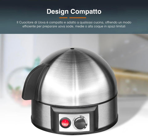 Cuociuova con design compatto in acciaio inox spazzolato, ideale per cucine piccole, con timer regolabile e pulsante di accensione rosso per preparare uova sode, medie o alla coque