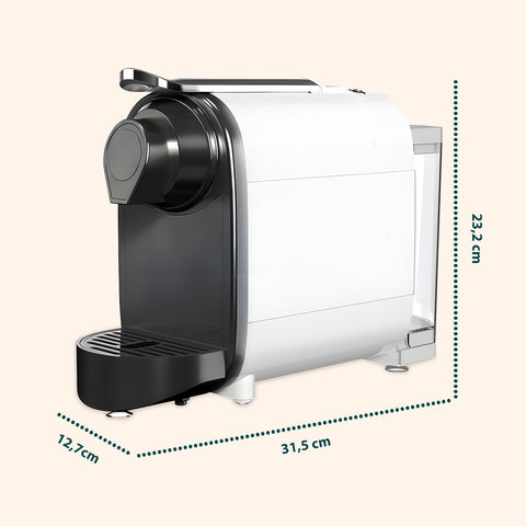 Macchina da caffè DCG dimensioni compatte 12,7x31,5x23,2 cm con design salvaspazio, perfetta per ogni cucina moderna e funzionale