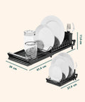 Dimensioni scolapiatti 47,4x20x11,6cm esteso e 27,9cm compatto, misure precise per adattarsi a ogni piano cucina
