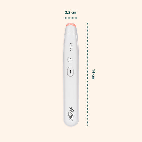 Dispositivo terapeutico Avilia bianco con dimensioni 14 cm di lunghezza e 2,2 cm di larghezza, design compatto e portatile con controlli temperatura