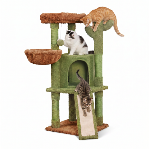 Albero Tiragraffi per Gatti a Forma di Cactus 106,5 cm - in Sisal Naturale con Casetta, Cuccia a Cestino e Pallina Gioco