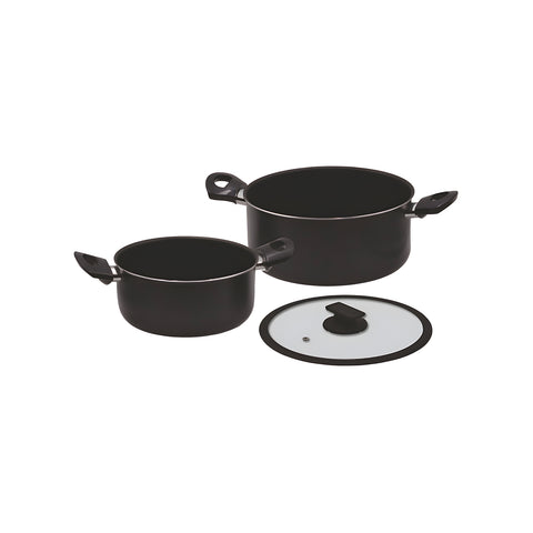 Set van 2 aluminium steelpannen met glazen deksel, 20/24 cm, zwart