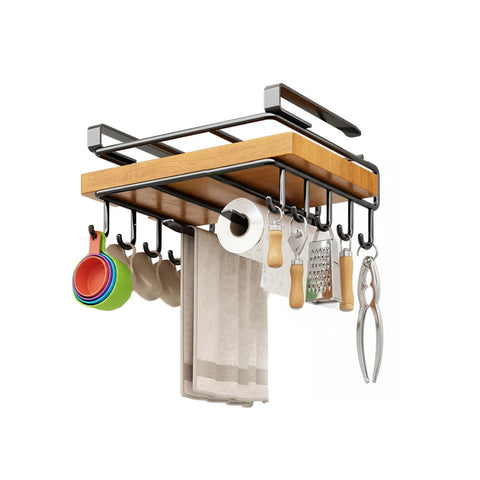 Plank voor onder een keukenkastje met haken en keukenrolhouder, ruimtebesparend
