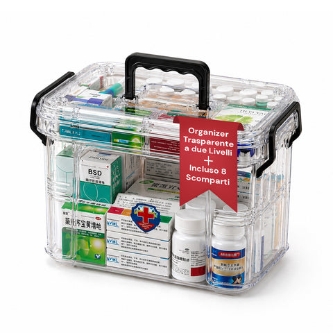 avilia home organizer per farmaci trasparente a 2 livelli con maniglia e chiusura a clip 8 scomparti superiori 235x17x135 cm ean 8052879011375