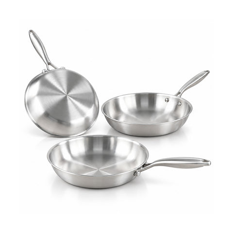 Set van 3 roestvrijstalen Tri-Ply-koekenpannen van 20-24-28 cm | Geschikt voor inductie en alle kookplaten, PFAS-vrij en geschikt voor gebruik in de oven