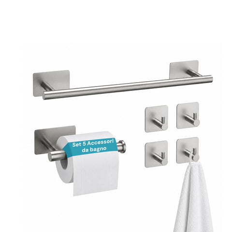 Set van 5 zwarte, zelfklevende badkameraccessoires van roestvrij staal, draagvermogen 2,5 kg – inclusief toiletrolhouder en handdoekhaken