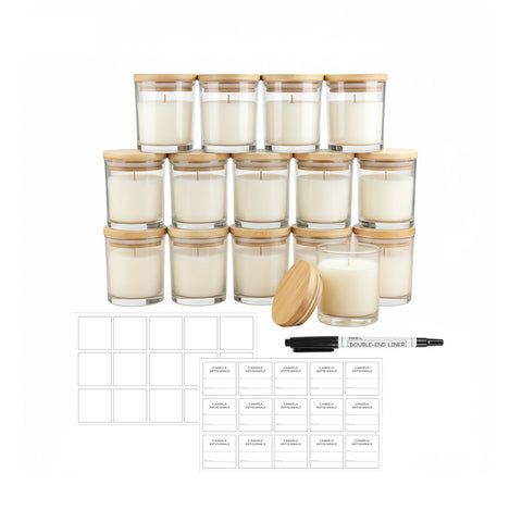 Set van 15 glazen potjes voor kaarsen van 170 ml met bamboedeksel