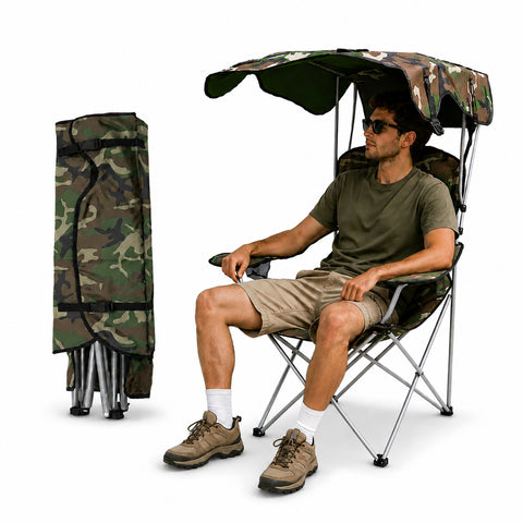 Sedia da Campeggio Pieghevole con Tettuccio Parasole – Struttura in Acciaio al Carbonio Portata 120kg – Tessuto Oxford Resistente – Dimensioni 53x77x130cm – Salvaspazio con Custodia